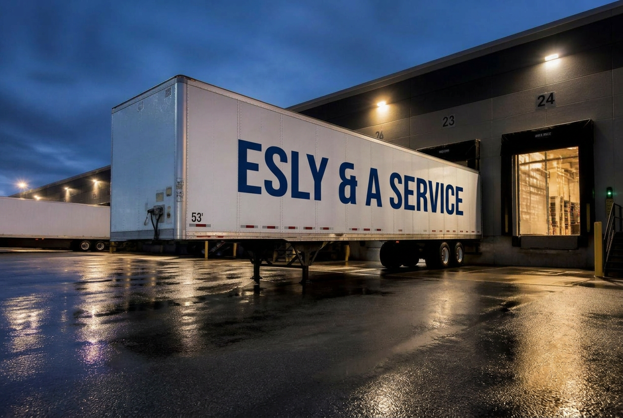 Dropped 53-foot dry van trailers at warehouse loading docks at dusk