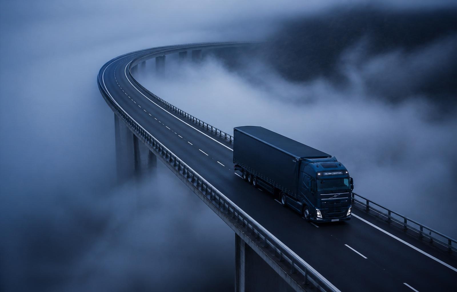 Navy semi-truck crossing an elevated highway through dawn fog