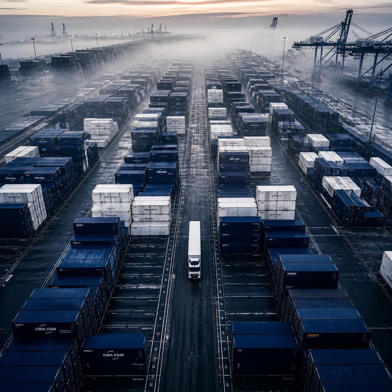 Aerial view of a port terminal at dawn with a single white truck threading between container stacks