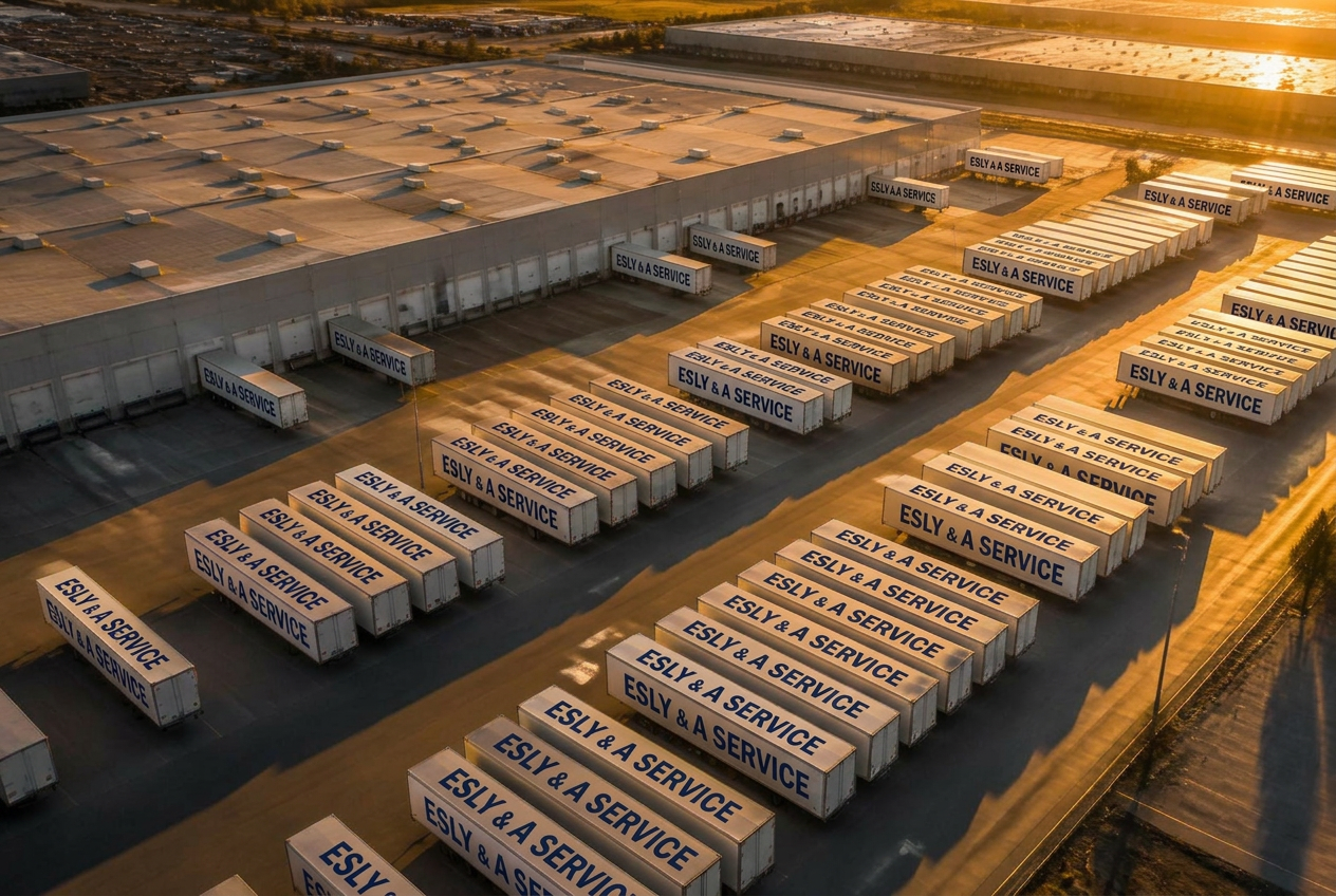 Aerial view of dropped dry van trailers in a warehouse yard at golden hour